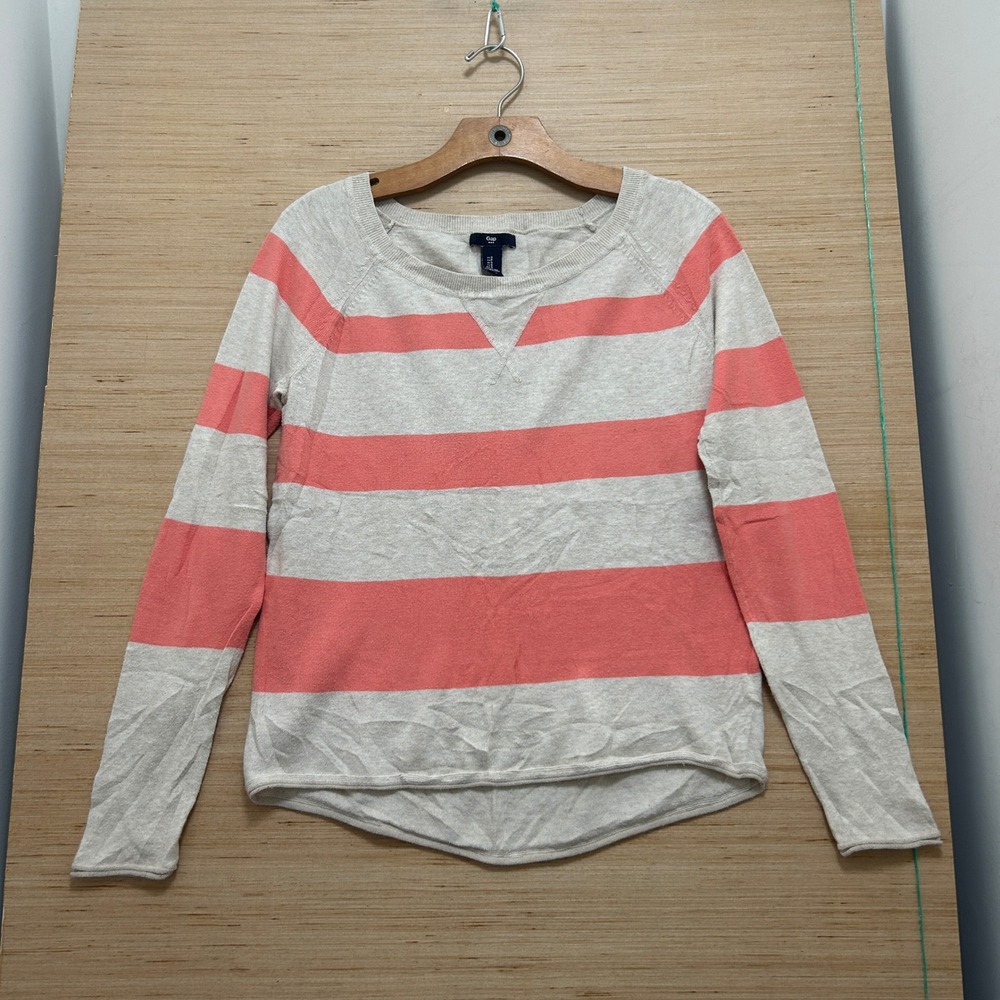 Gap Womens Small Beige Coral Pink Striped Long Sleeve Crew Neck Sweater Raglan